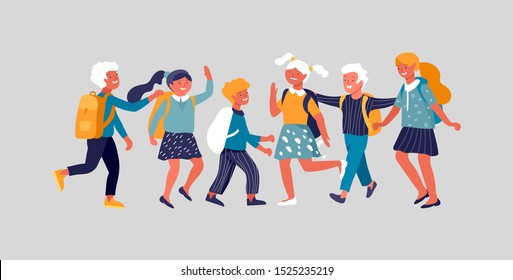 Group of friends schoolchildren character are laughing and talking. Stylish smiling boys and girls. Friendly group of go in school to study. Colorful cartoon concept vector illustration