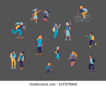 Group of friends schoolchildren character are laughing and talking. Stylish smiling boys and girls. Friendly group of go in school to study. Colorful cartoon concept vector illustration