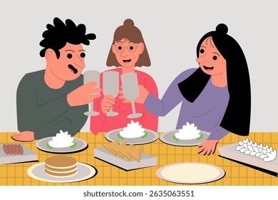 Um grupo de amigos compartilhando uma refeição e brindando bebidas. Ilustração de vetor plano. Conceito de celebração e amizade.	