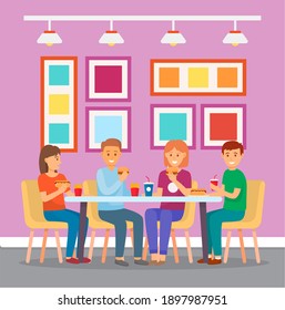 A group of friends sits in a fast food cafe and has hamburgers, hot dogs, french fries and drinks. cozy design cafe or mcdonalds. Eating out. Girl eating hot dog, guy has cheeseburger. Flat image