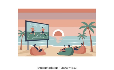 Group of friends sits on comfortable bean bag chairs on a sandy beach watching a soccer match displayed on a large outdoor projector screen at sunset.