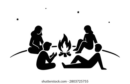 Group of friends sitting around campfire under starry night sky vector