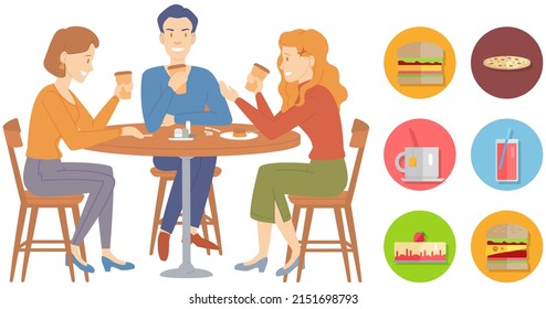 Group of friends sitting in cafe drink tea or coffee. People spend time in cafeteria together. Cartoon characters relax and communicate near food and drink icons. Friendship and joint pastime concept.