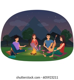 A group of friends sitting at the campfire in the night in mountains vector illustration. Camping picnic people.