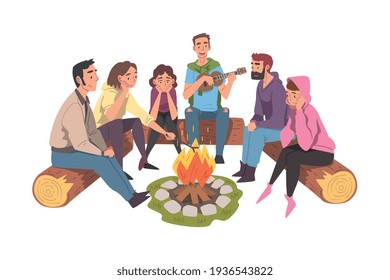 Group of Friends Sitting Near Campfire Playing and Listening Music, Tourist People Hiking Together and Resting at Summer Camp or Picnic Cartoon Style Vector Illustration