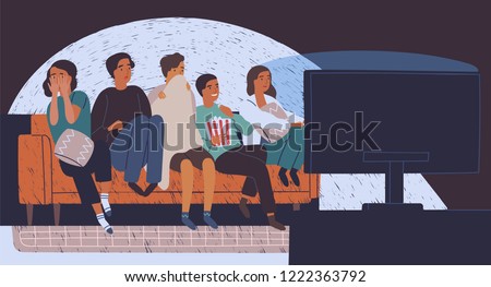 Group of friends sitting on sofa or couch in darkness and watching horror movie. Young girls and boys with scared faces look at TV screen. Colorful vector illustration in flat cartoon style.