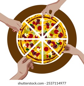 Group of friends sitting at a round table with pizza slices on a plate. Minimalistic and flat color drawing. Vector illustration