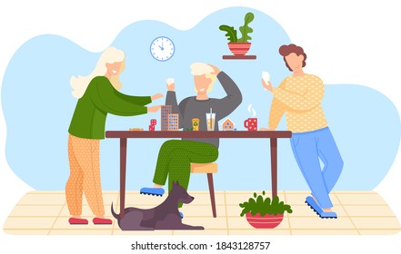 Grupo de amigos sentados en la mesa y jugando al juego de mesa. El perro está debajo de la mesa. Los hombres tienen cartas en sus manos. La niña se inclinó sobre la mesa y enderezó el objeto. Maqueteo en la mesa