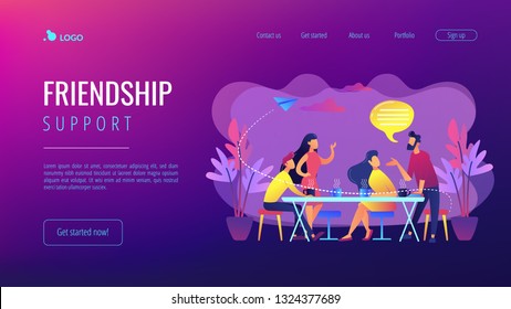 Group of friends sitting at the table talking, drinking coffee and tea, tiny people. Friends meeting, cheer up friend, friendship support concept. Website vibrant violet landing web page template.