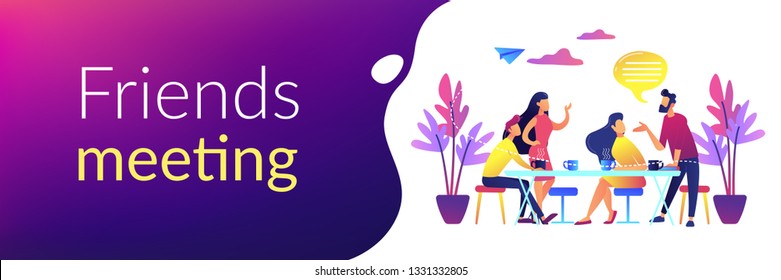 Group of friends sitting at the table talking, drinking coffee and tea, tiny people. Friends meeting, cheer up friend, friendship support concept. Header or footer banner template with copy space.