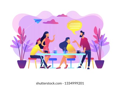 Group of friends sitting at the table talking, drinking coffee and tea, tiny people. Friends meeting, cheer up friend, friendship support concept. Bright vibrant violet vector isolated illustration