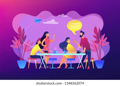 Group of friends sitting at the table talking, drinking coffee and tea, tiny people. Friends meeting, cheer up friend, friendship support concept. Bright vibrant violet vector isolated illustration