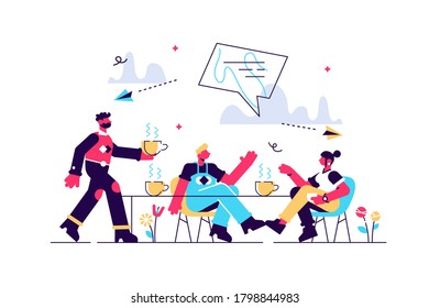 Group of friends sitting at the table talking, drinking coffee and tea, tiny people. Friends meeting, cheer up friend, friendship support concept. Bright vibrant violet vector isolated illustration