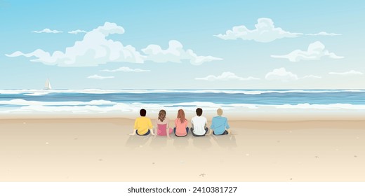 Grupo de amigos sentados juntos en la playa con ilustración vectorial de fondo del cielo azul. El concepto viajero de un amigo tiene espacio en blanco.