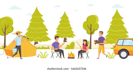 Group of friends spend time at forest campsite or camping with tent and campfire. Happy tourists cooking marshmallows over bonfire, carrying firewood, fishing gear. Flat cartoon vector illustration.