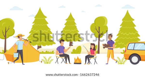 Group of friends spend time at forest\
campsite or camping with tent and campfire. Happy tourists cooking\
marshmallows over bonfire, carrying firewood, fishing gear. Flat\
cartoon vector\
illustration.