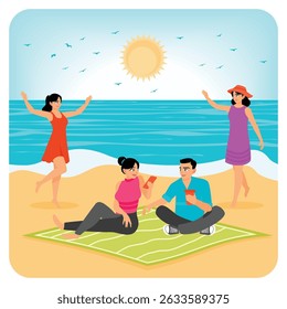 Group of friends spending quality time at the beach, engaging in activities, relaxing, and enjoying their day in a vibrant and joyful coastal environment under a sunny sky. Having picnic concept.