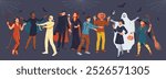 Group of friends in spooky Halloween costumes flat color vector illustration. Adults enjoying eerie party cartoon composition on grey background