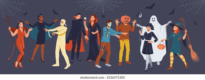 Grupo de amigos em fantasias de Halloween assustador ilustração de vetor de cor plana. Adultos desfrutando de composição de desenhos animados de festa misteriosa sobre fundo cinza