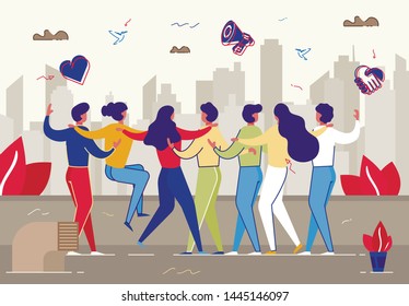 Group of Friends Stand in Raw Hugging and Cheering on Roof with Beautiful City View. Holiday Celebration, Friendship, Human Relations. Young Men and Women Meeting. Cartoon Flat Vector Illustration