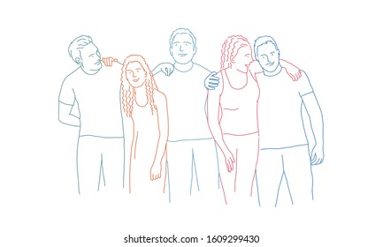 Group of friends are standing and embracing. Colour line drawing vector illustration.