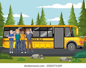 Group of friends standing near a school bus