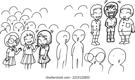 group of friends students cartoon doodle kawaii anime coloring page cute illustration drawing clipart character chibi manga comics