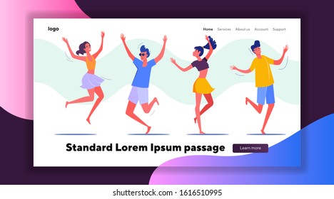 Group of friends in summer clothes jumping happily. People waving hands flat vector illustration. Vacation, friendship, happiness concept for banner, website design or landing web page