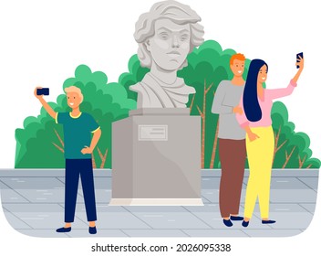 Group of friends take selfie on phone while walking in park near monument. Friendship, photo in garden. People take pictures during meeting on weekend, use smartphone to record post for social network