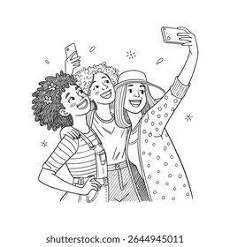 Group of friends taking joyful selfie together, smiling and having fun – Vector Illustration