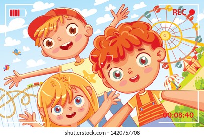 Group of friends taking selfie and laughing. Selfie on Amusement park. Children shoot myself on camera. Video recording. UI elements: recording label, battery icon, time indicator, crosshair, scanline