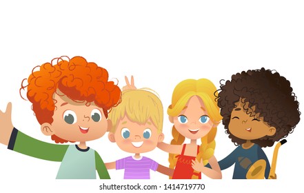 Group of friends taking a selfie. Multicultiral Children shoot themself on smartphone. Kids fooling around on camera. Vector illustration.