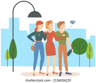 Group of friends taking selfie photo with smartphone. Young people having fun and making selfie. Friendship and technology concept. Cartoon characters with phone on monopod posing for joint photo