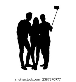 Group friends taking selfie with selfie stick silhouette vector.	