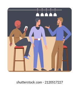 Group of friends talking at bar counter. People meeting and spending fun time together cartoon vector illustration