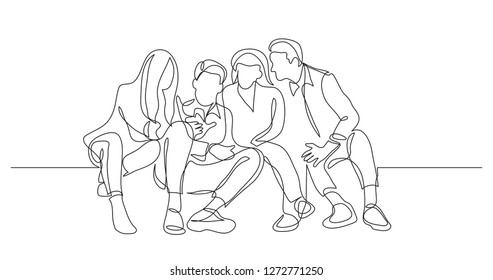 group of friends talking watching mobile phone - one line drawing