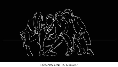 group of friends talking watching mobile phone - one line drawing