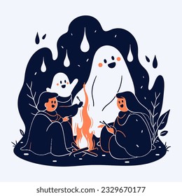 Eine Gruppe von Freunden erzählt leckere Geschichten rund um ein Feuer zu Halloween. Vektorgrafik.