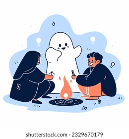 A group of friends telling spooky stories around a bonfire on Halloween night. Vector Illustration.