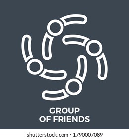 Gruppe der Freunde dünne Linie Vektorsymbol einzeln auf schwarzem Hintergrund.