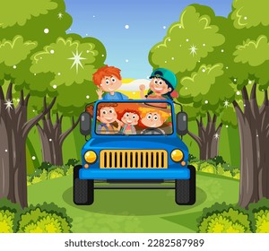 Group of friends travel to forest illustration