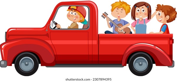 Group friends travel   sitting at the back the truck illustration