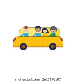 Group of friends traveling in a yellow vehicle vector illustration