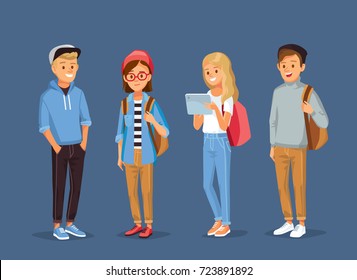 Group friends, university fellow students classmates standing together  with gadgets holding books. Group of learners young people. Vector illustration. Flat design