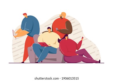 Group of friends using digital devices and spending time together flat vector illustration. Cartoon users with smartphones, laptop and tablet. Internet surfing and communication concept