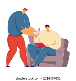 Grupo de amigos que usan dispositivos digitales y pasan tiempo juntos con ilustraciones vectoriales planas. Usuarios de dibujos animados con smartphones, laptop y tablet. Internet y el concepto de comunicación