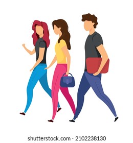 Group of friends walking semi flat color vector characters. Moving figures. Full body people on white. Going together isolated modern cartoon style illustration for graphic design and animation