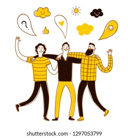 Group of friends walking and talking. Including doodle elements. Illustration about friendship for your design.