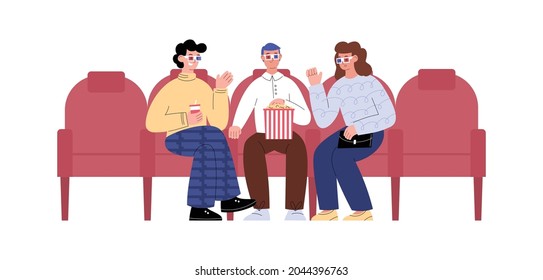 Group of friends watching movie together in cinema theater, flat vector illustration isolated on white background. People watch movie with 3D glasses and eating popcorn.