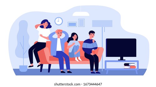 Group of friends watching scary movie flat vector illustration. Cartoon people sitting at sofa together and watching horror via TV. Friendship and leisure concept.